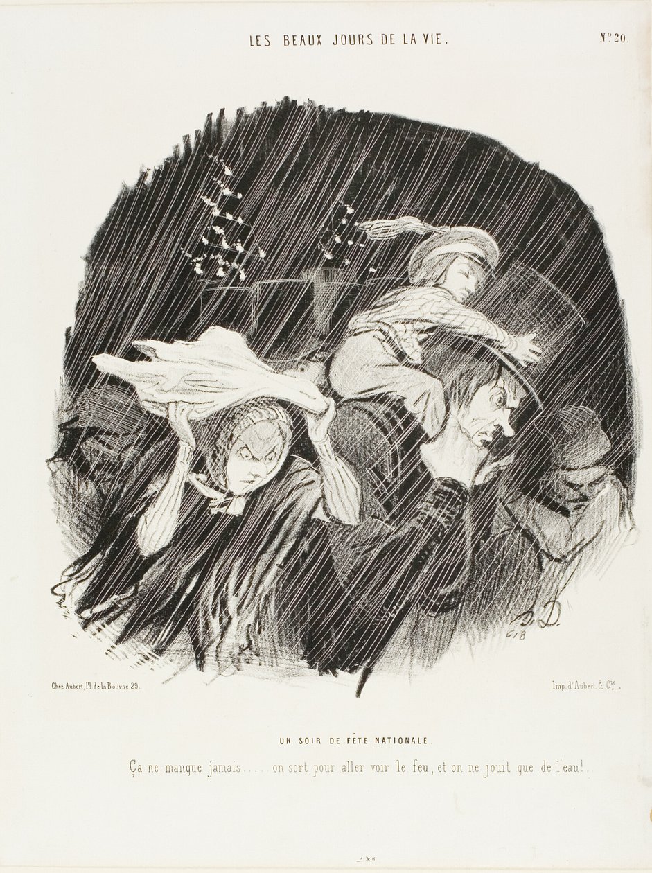 Kansallispäivän ilta. Se ei koskaan petä... menet ulos katsomaan ilotulitusta, ja saat vain vesipeltiä!, levy 20 elokuvasta Elämän parhaat päivät. tekijältä Honoré Victorin Daumier