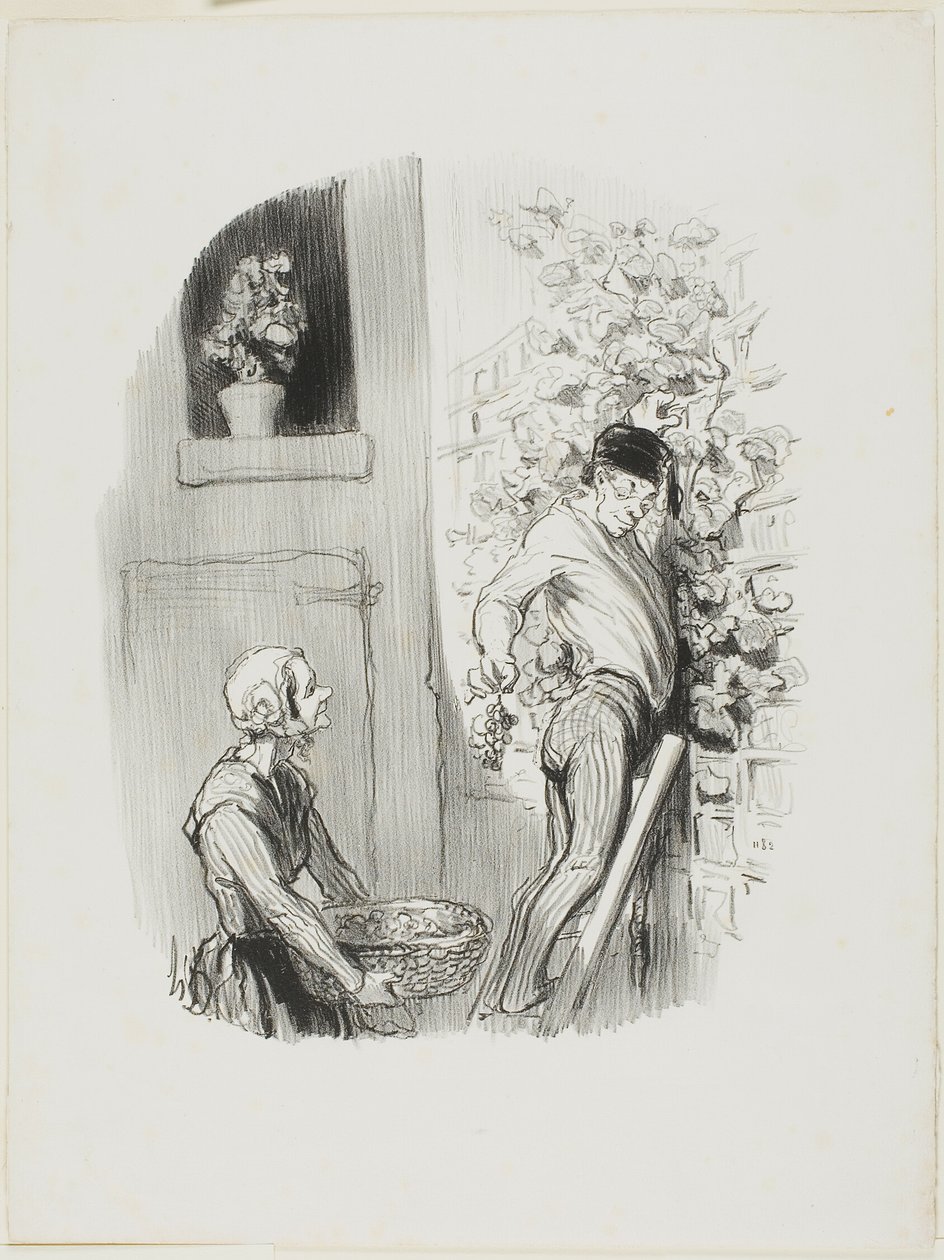 Viinirypäleiden kerääjä, alkaen Les Bons Bourgeois tekijältä Honoré Victorin Daumier