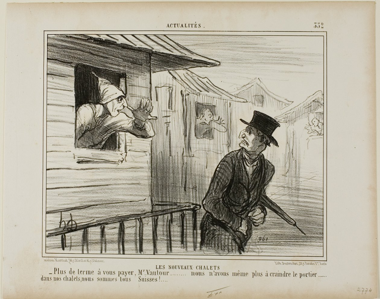 Uudet korttelitalot. "- Ei enää vuokraa maksettavaksi, Monsieur Vautour... emmekä enää pelkää talonmiestä..... mökissämme olemme kaikki sveitsiläisiä," plate 332 from Actualités tekijältä Honoré Victorin Daumier