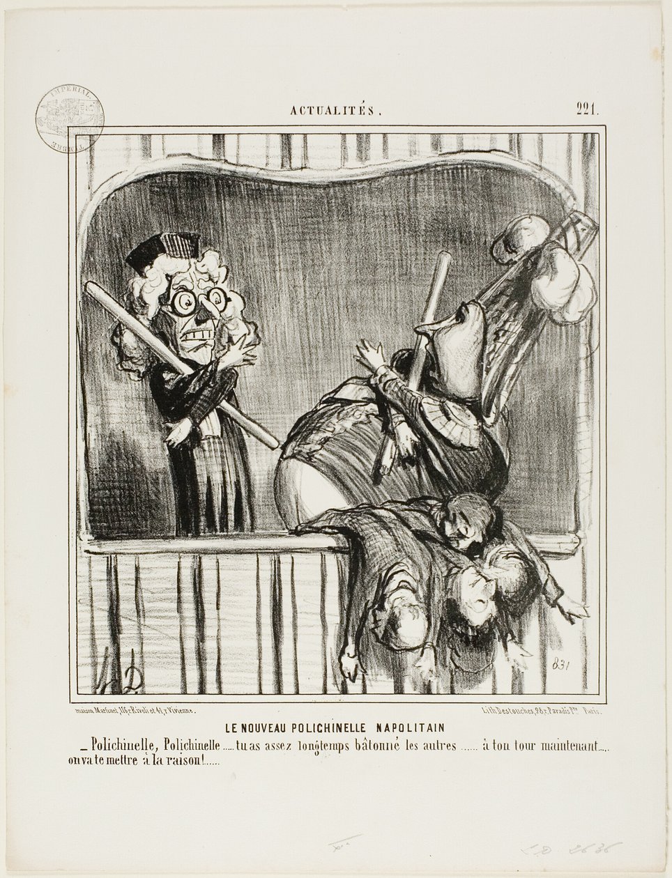 Uusi napolilainen pelle. "- Polichinelle, Polichinelle, olet mätkinyt muita tarpeeksi kauan... nyt on sinun vuorosi. Saamme sinut järkiinsä...", levy 221 Actualitésista. tekijältä Honoré Victorin Daumier