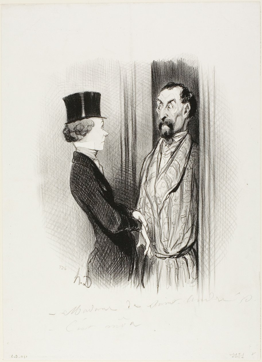 Rendez-Vous. "- Madame Eudoxie Blancminet" - Madame Eudoxie Blancminet - Se olen minä, herra... Miten voin auttaa", levy 44 teoksesta Les Beaux Jours De La Vie... tekijältä Honoré Victorin Daumier