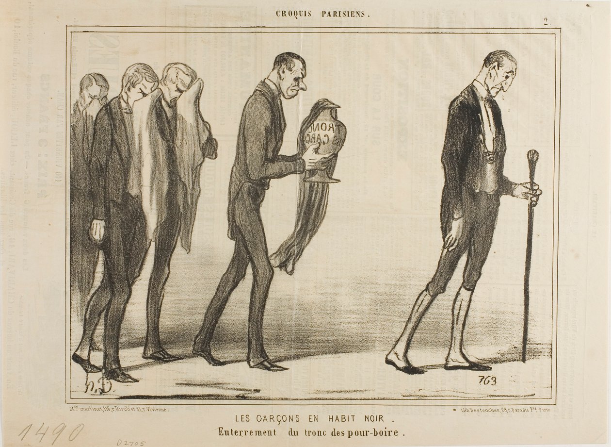 Tarjoilija mustissa puvuissa. Tippilaatikon hautajaiset, levy 2 Croquis Parisiens -teoksesta. tekijältä Honoré Victorin Daumier