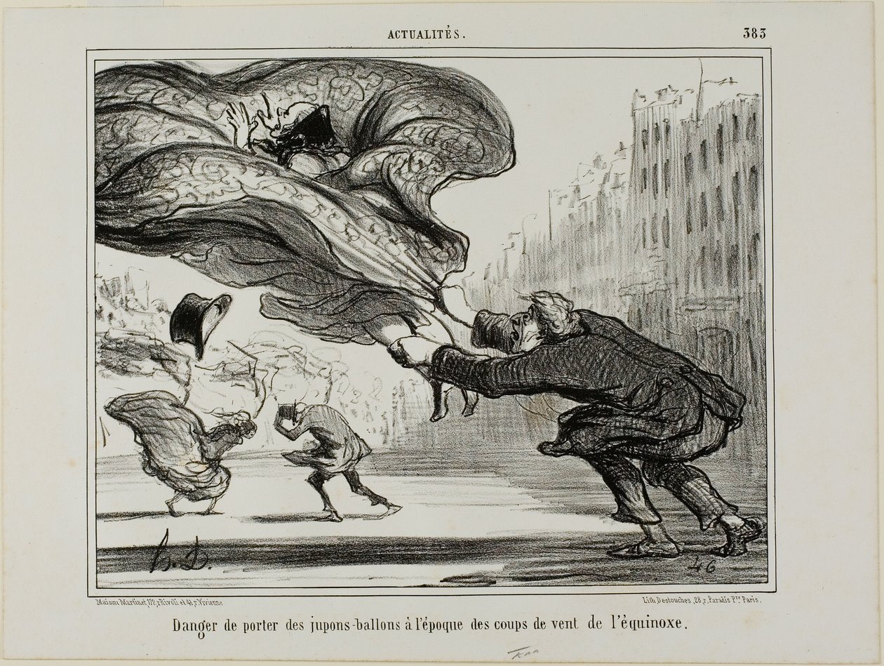 Rengashameiden käytön vaara äkillisen kevätmyrskyn aikana, laatta 26 La Crinolomanie -lehdestä. tekijältä Honoré Victorin Daumier