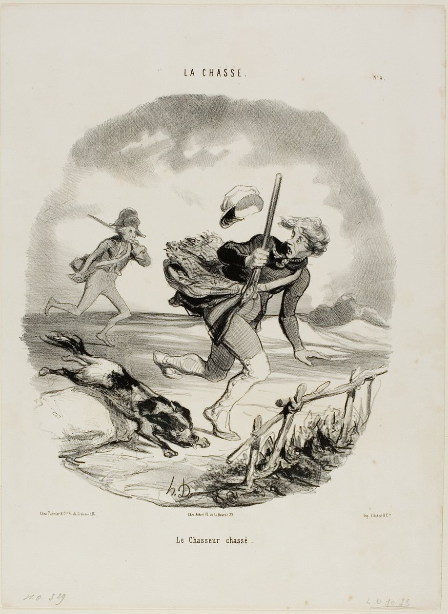 Metsästetty metsästäjä, laatta 4 La Chasse -lehdestä. tekijältä Honoré Victorin Daumier