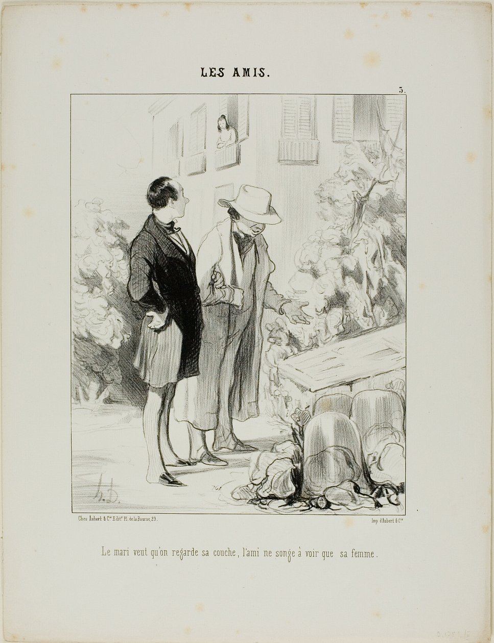Aviomies haluaa hänen katsovan kuumaa sänkyään, ystävä haaveilee vain vaimonsa näkemisestä, levy 3, Les Amisa. tekijältä Honoré Victorin Daumier
