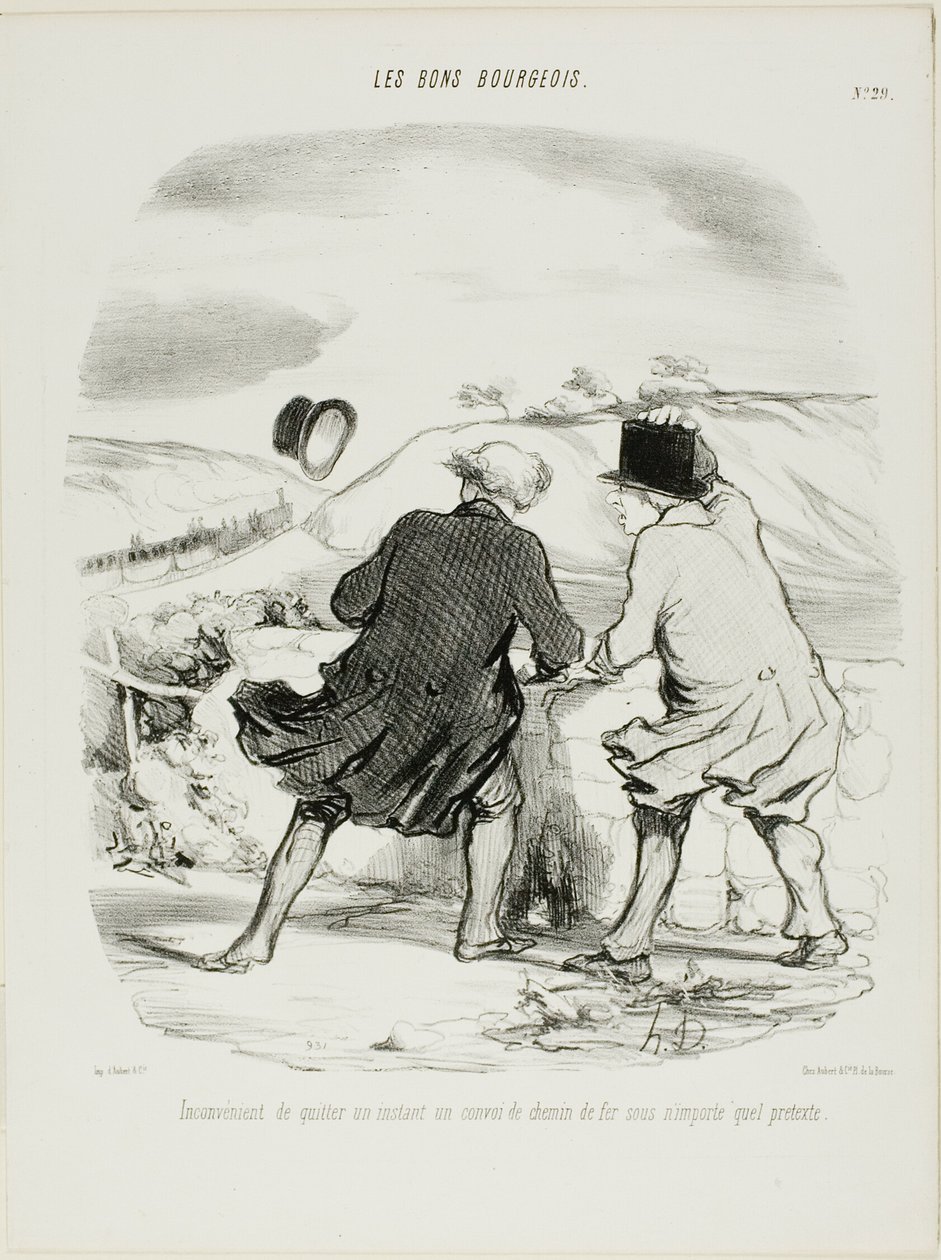 Junasta poistumisen hankaluus, vaikka vain hetkeksi ja millä tahansa tekosyyllä, laatta 29 teoksesta Les Bons Bourgeois. tekijältä Honoré Victorin Daumier