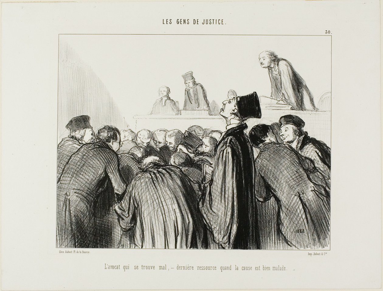 Asianajaja sairastuu, viimeinen keino, kun hänen asiansa alkaa myös näyttää sairaalta, levy 30 teoksesta Les Gens De Justice. tekijältä Honoré Victorin Daumier