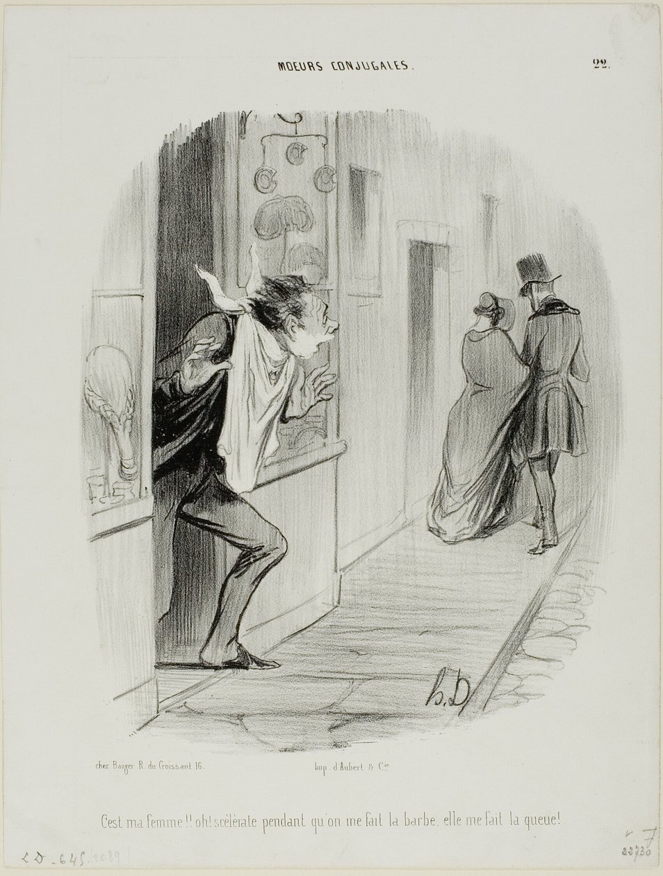 "Siinä menee vaimoni!!! Voi sitä raukkamaista, kun minä ajan partaa, hän tekee minusta aisankannattajan!", levy 22 kappaleesta Moeurs Conjugales. tekijältä Honoré Victorin Daumier