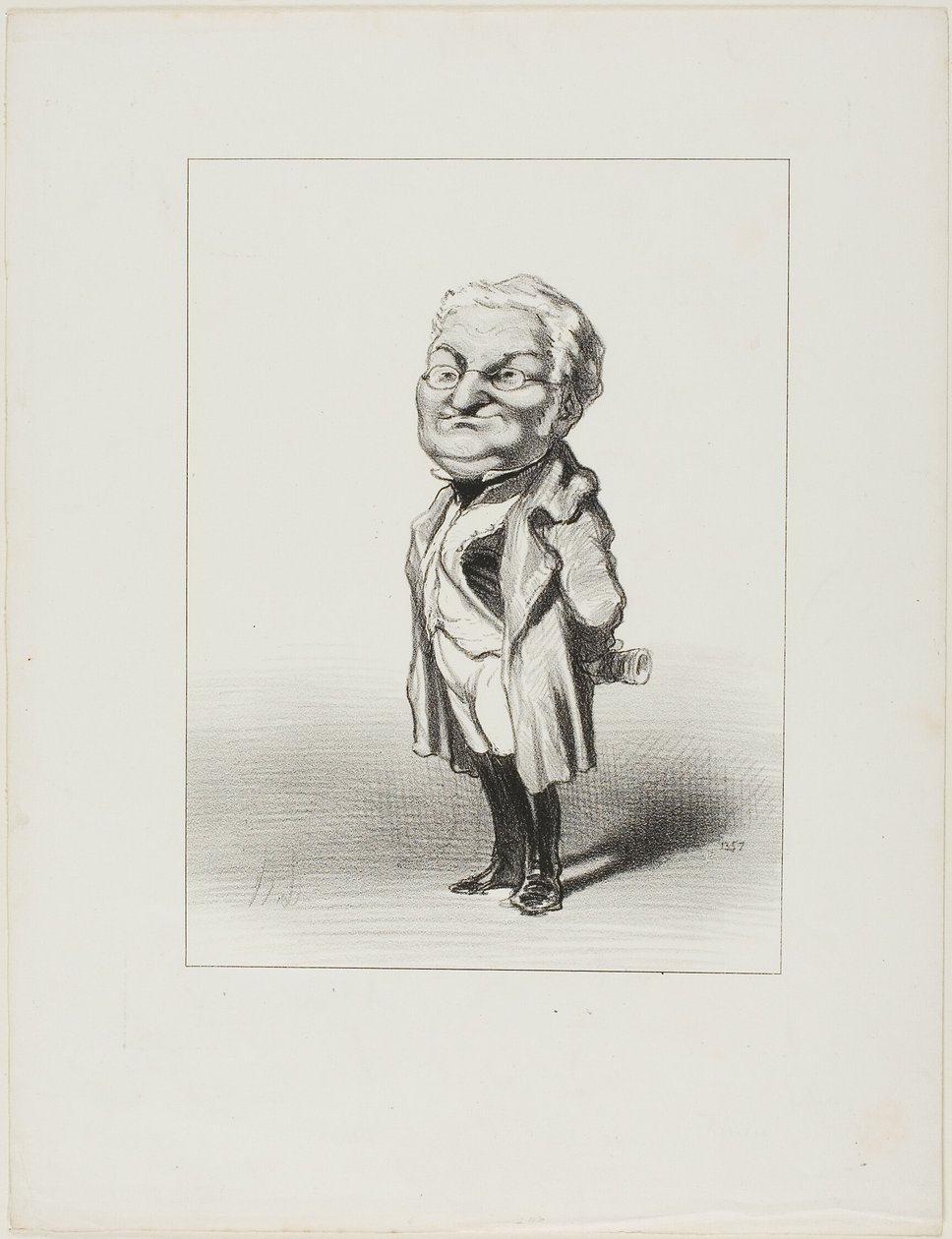 Thiers. Kansalainen Thiers kokeilee Babinin juuri lähettämää uutta takkia, levy 4 teoksesta Les Représentans Représentés. tekijältä Honoré Victorin Daumier