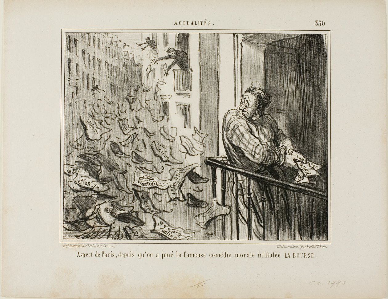 Näkymä Pariisin kaduilta kuuluisan moraalikomedian "La Bourse" esityksen jälkeen, levy 330 teoksesta Actualités. tekijältä Honoré Victorin Daumier