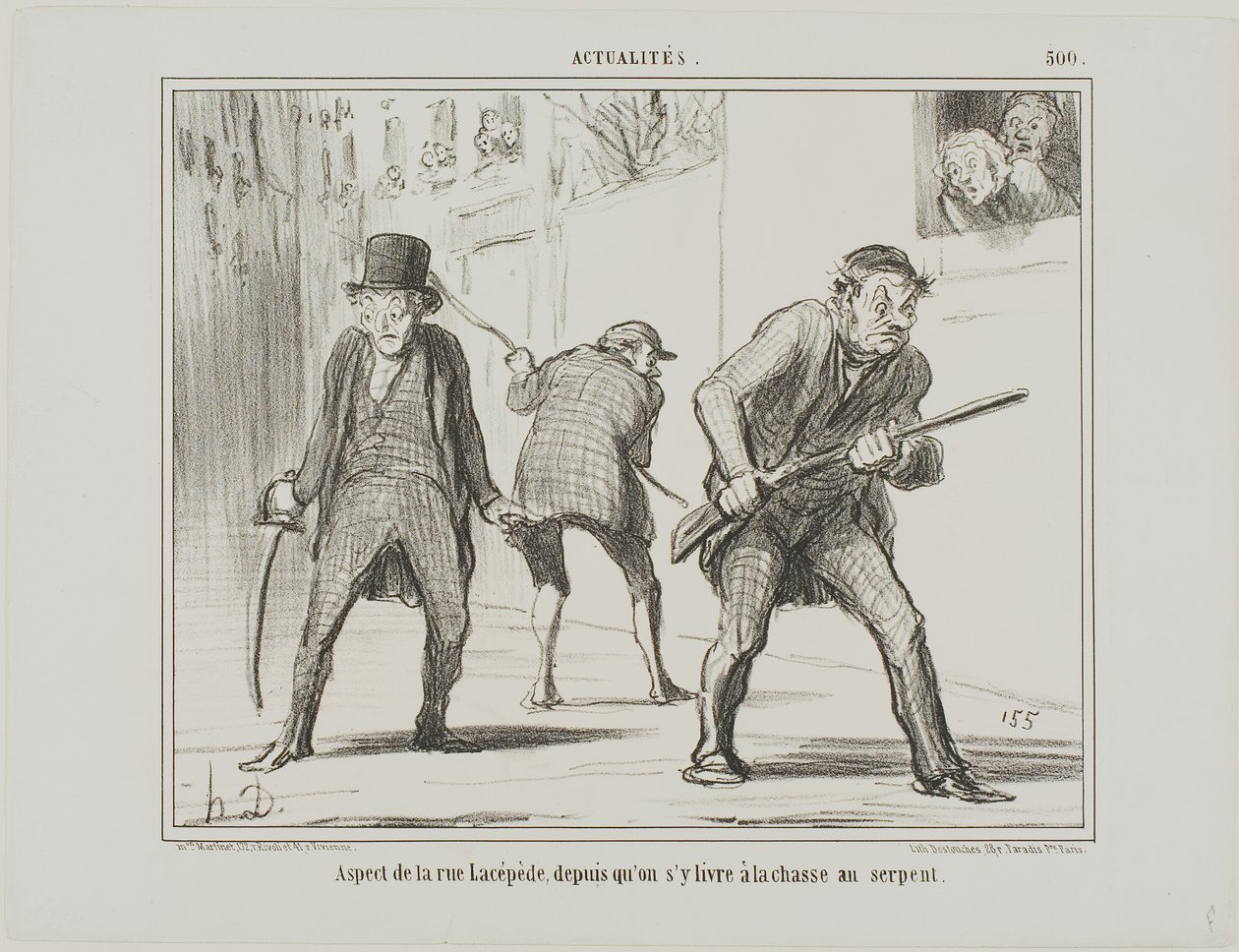 Näkymä Rue Lacépède -kadulta käärmeen metsästyksen aikana, laatta 500, Actualités-julkaisusta. tekijältä Honoré Victorin Daumier