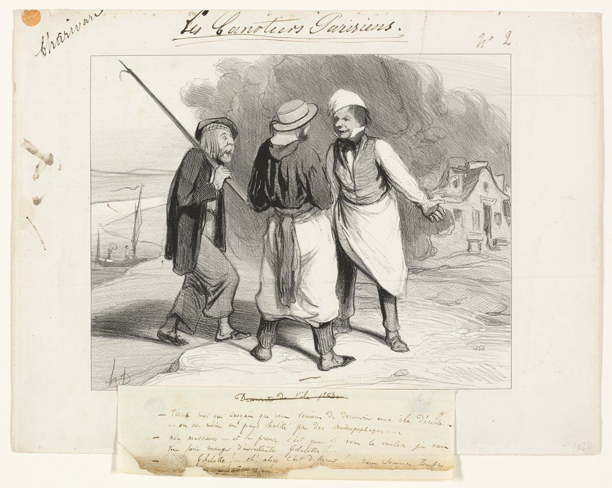 No, mikäs siinä! Luulin, että olimme juuri löytäneet aution saaren tai ainakin kannibaalien asuttaman maan.", toinen osa Les Canotiers Parisiens -elokuvasta. tekijältä Honoré Victorin Daumier