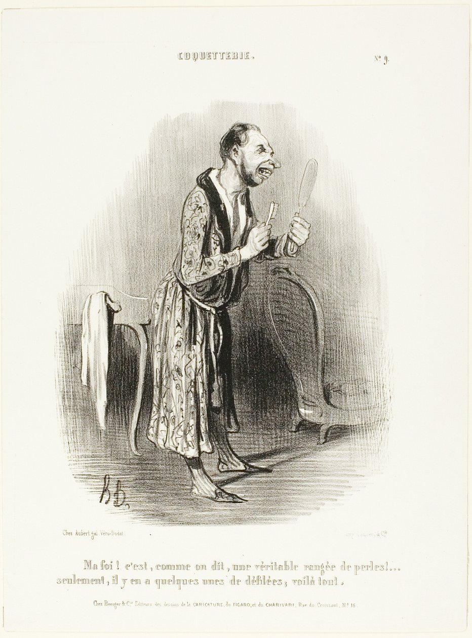 "No... kuten sanonta kuuluu, kuin aito helminauha, .... vain osa niistä on irronnut, siinä kaikki!", Coquetterien kilpi 9. tekijältä Honoré Victorin Daumier