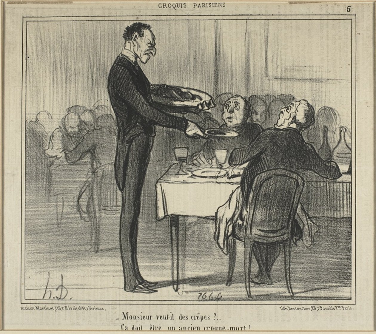 "Haluaisiko Monsieur crêpejä... - Hänen on täytynyt olla hautausurakoitsija", levy viisi teoksesta Croquis Parisiens (Pariisilaiset luonnokset). tekijältä Honoré Victorin Daumier