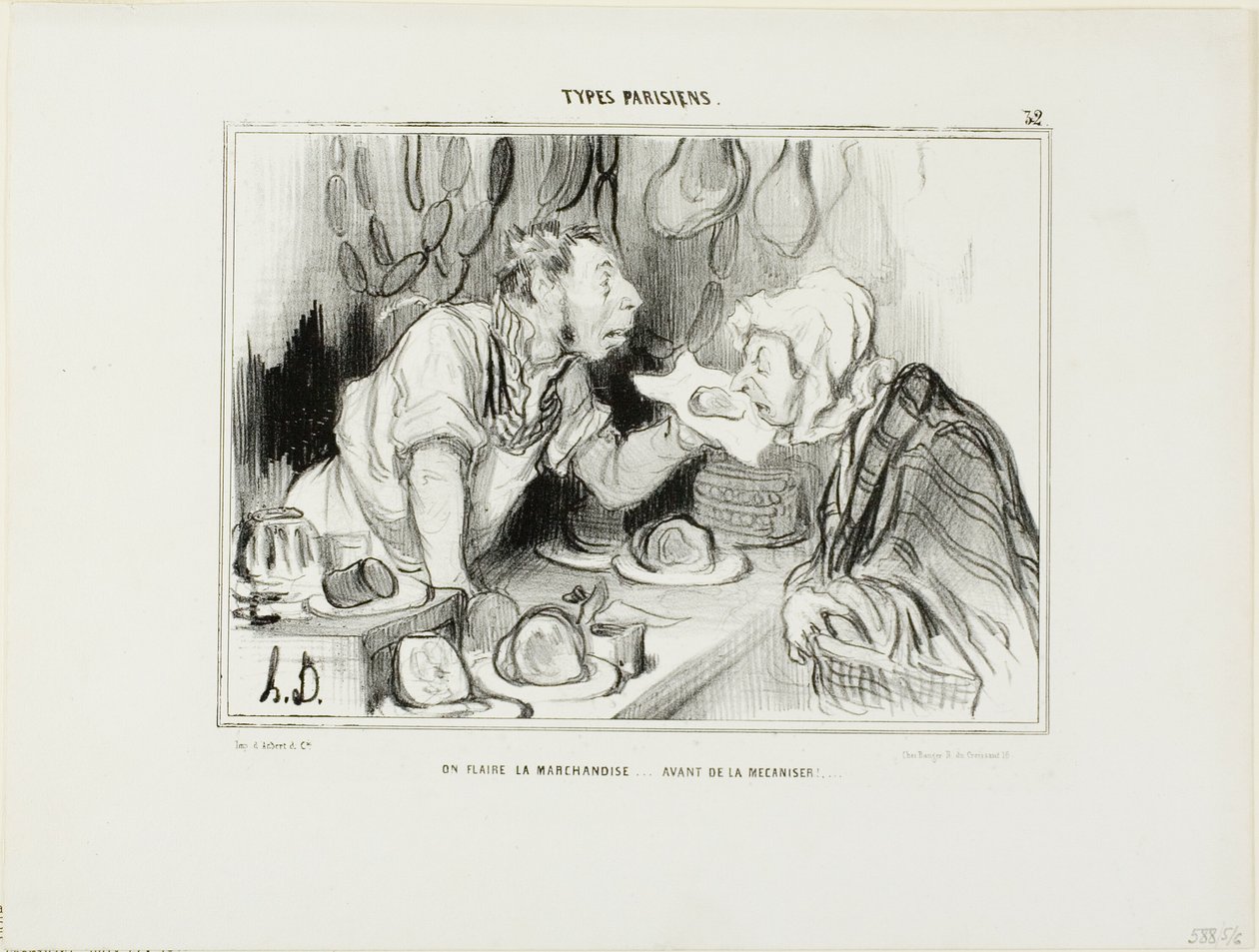 "Sinä haistelet kauppatavaraa... ennen kuin ostat sen", levy 32 kirjasta Types Parisiens... tekijältä Honoré Victorin Daumier