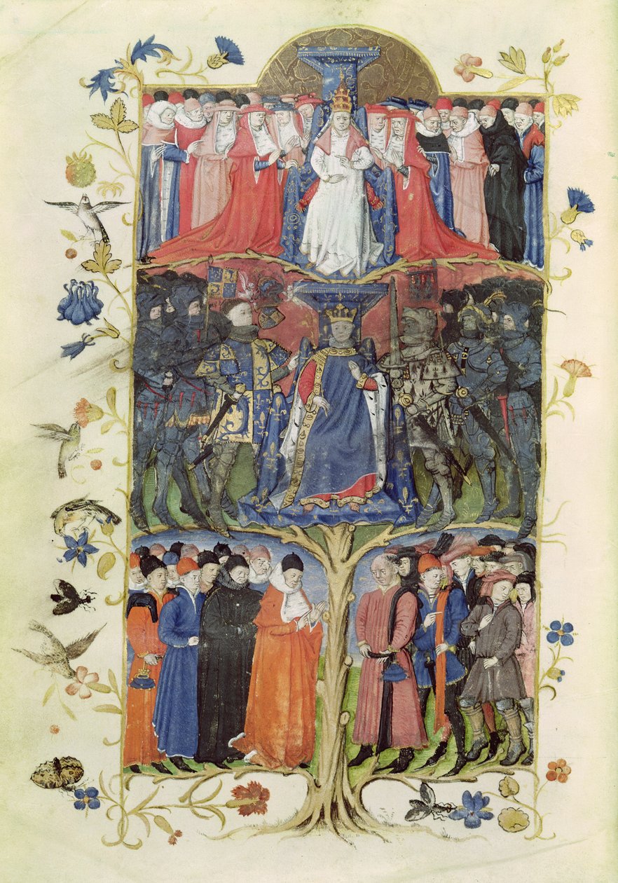 Ms 2695 f.6v Taistelujen puu: Kuningas Kaarle VII (1403-61) Dauphinin välillä, tuleva Louis XI (1423-83) oikealla ja vasemmalla, Arthur, Richmondin kreivi, Ranskan konstaapeli (1425- 58) ja D tekijältä Honore Bonnet