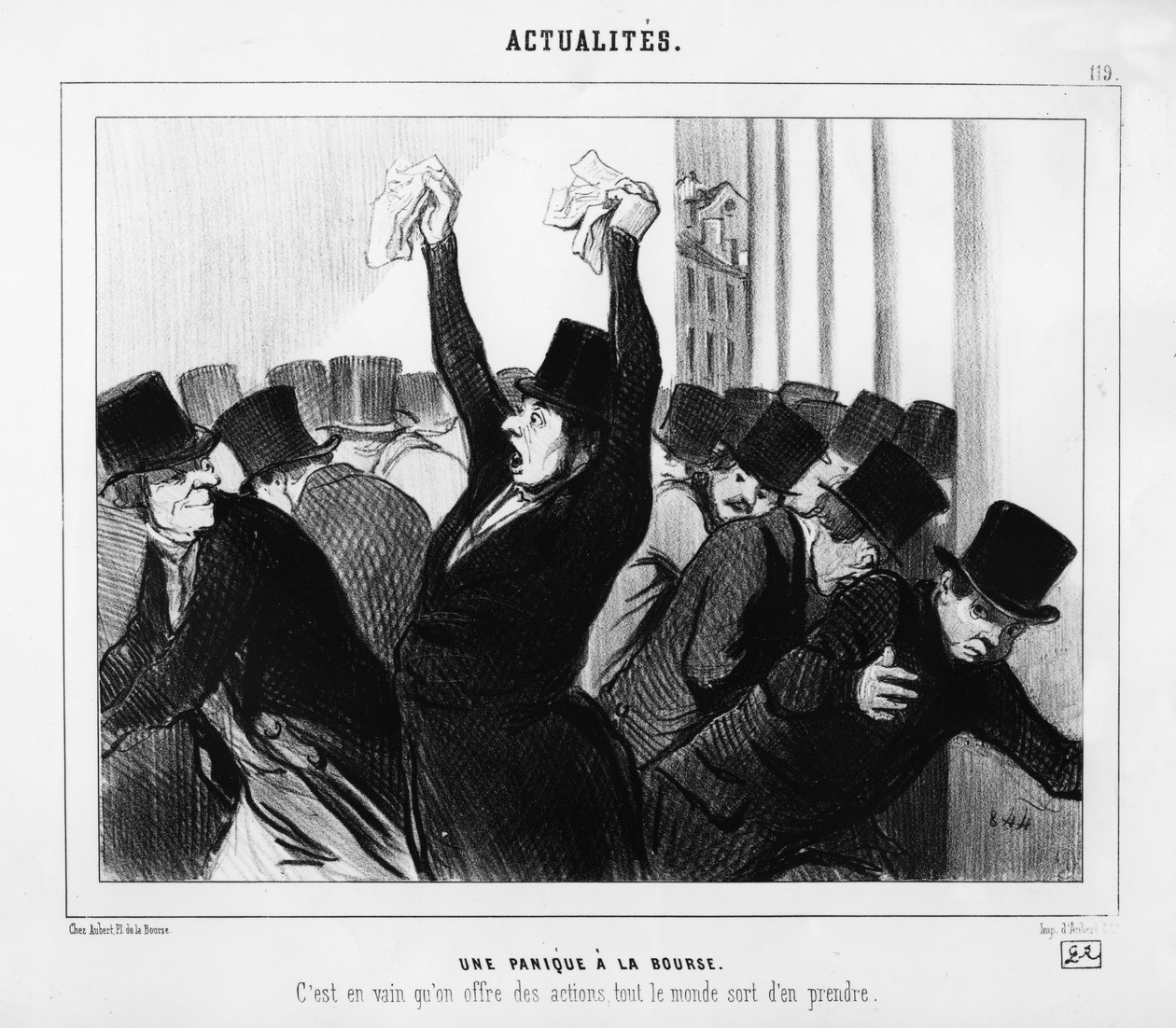 "Panic at the Stock Exchange", karikatyyri "Le Charivarista", 9. joulukuuta 1845 tekijältä Honoré Daumier