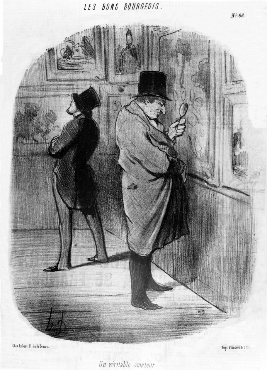 "Todellinen taiteen rakastaja", "Good Bourgeois" -karikatyyrisarjasta, julkaistu "Le Charivari" -lehdessä, 16. toukokuuta 1847 tekijältä Honoré Daumier