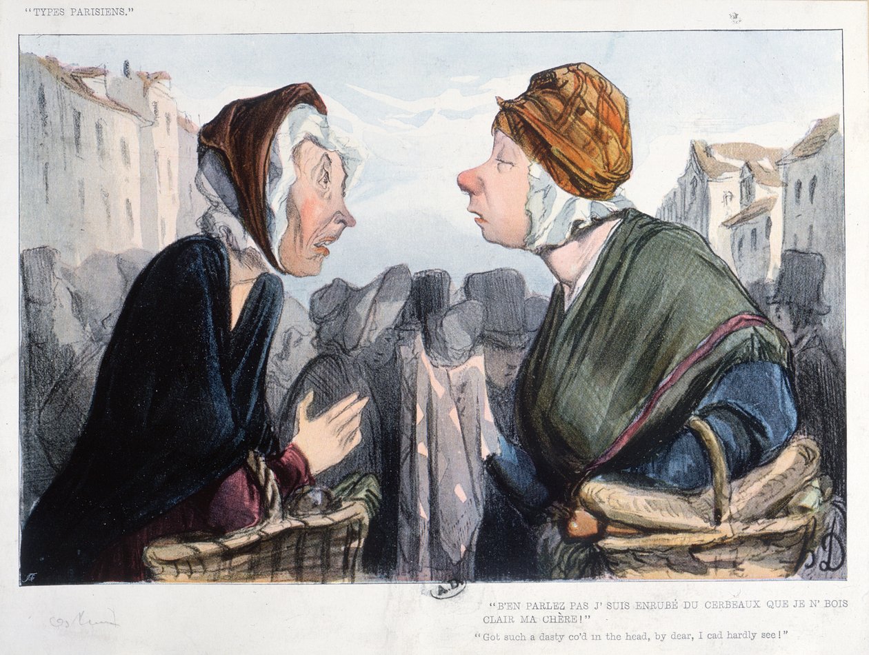 "Ilme flunssa päässä", karikatyyri "Types Parisiensista", 1800-luvun puoliväli tekijältä Honoré Daumier