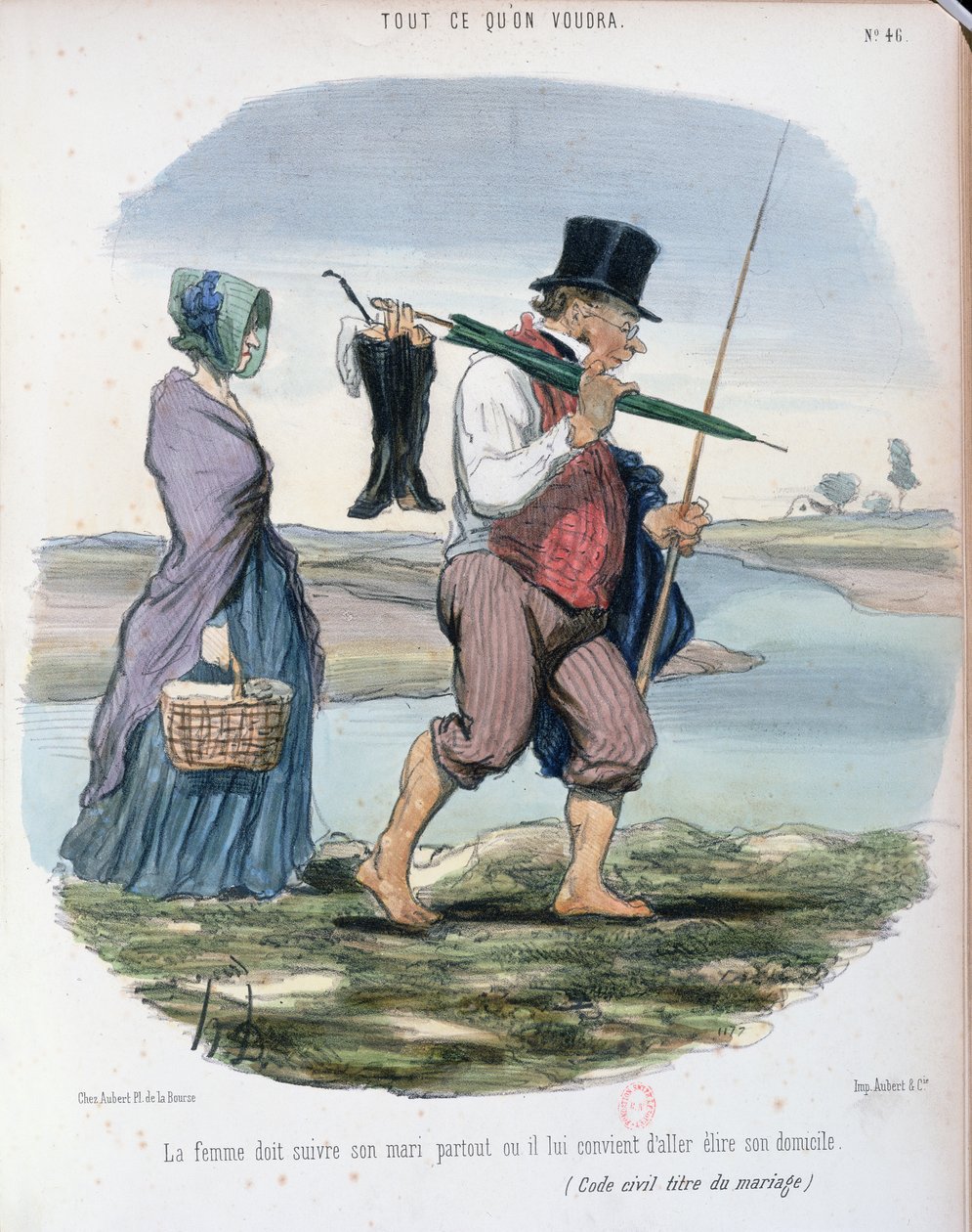 Napoleonin vuonna 1804 julkaiseman Ranskan Code Civilin puolisoiden oikeuksien ja velvollisuuksien VI lukua pilkkaava karikatyyri, n. 1840-1850 tekijältä Honoré Daumier