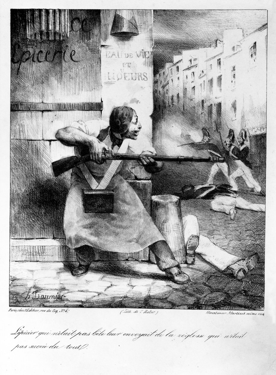 Kapinalliset ruokakaupat ampuvat santarmeja heinäkuun vallankumouksen aikana 1830 tekijältä Honoré Daumier