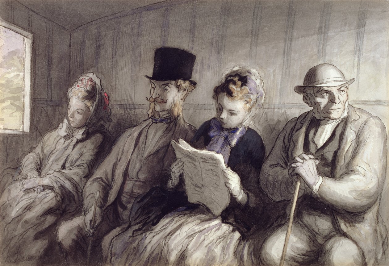 Ensimmäisen luokan vaunu, 1864 (wc-mustepesu ja hiili paperille) tekijältä Honoré Daumier