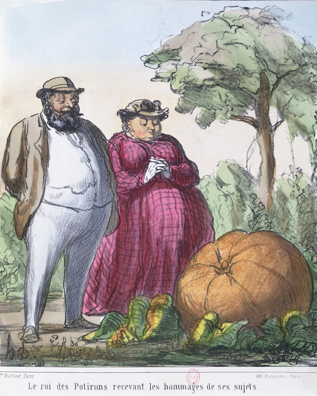 "Kurpitsojen kuningas vastaanottamassa alamaisensa kunnianosoituksia" (värikaiverrus) tekijältä Honoré Daumier