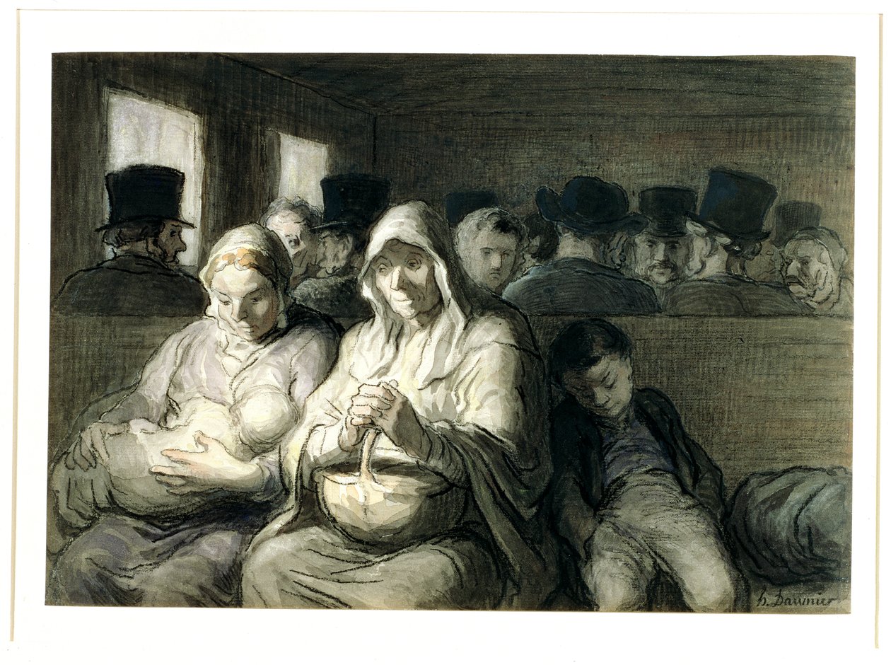 Kolmannen luokan vaunu, 1864 (wc-mustepesu ja hiili paperille) tekijältä Honoré Daumier