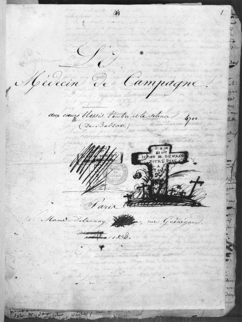 Le Medecin de Campagne -teoksen nimiölehti, 1833, julkaisija Mame Delaunay, Pariisi. tekijältä Honore de Balzac