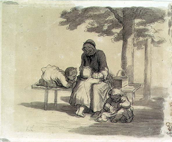 Isoäiti (harmaa pesu ja kynä ja muste paperille) tekijältä Honoré Daumier