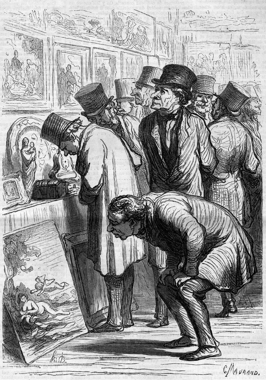 Drouot-hotellin huone, näyttelypäivä. Sarjakuva Honore Daumier (1808-1879). Kaiverrus "" Le Monde Illustré" -julkaisussa nro 265, 10. toukokuuta 1862. tekijältä Honoré Daumier