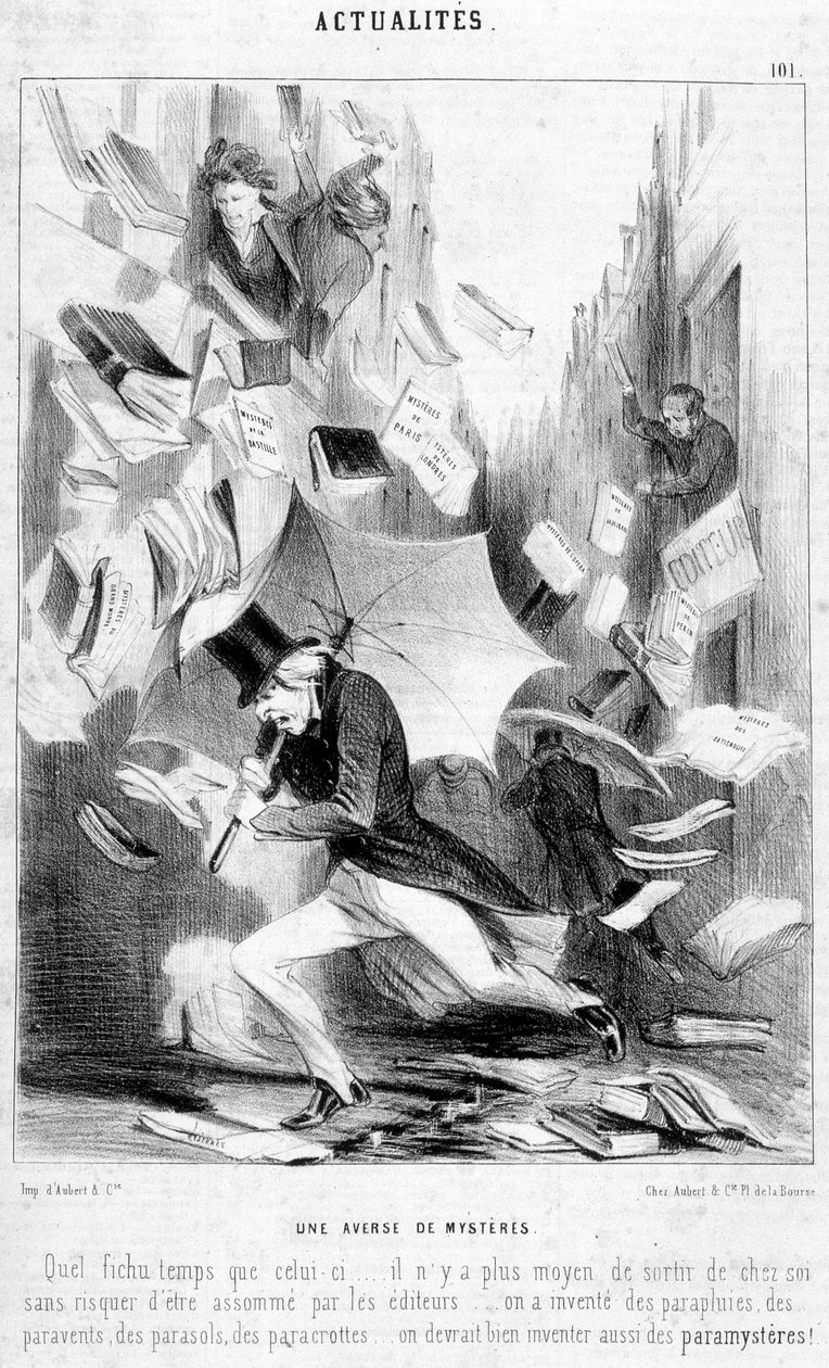 Mysteerien välienselvittely: sarjakuva aiheesta "" Pariisin mysteerit"", julkaissut Eugène Suen saippuaoopperassa - "" Le Charivari" -julkaisussa 16.2.1844 tekijältä Honoré Daumier