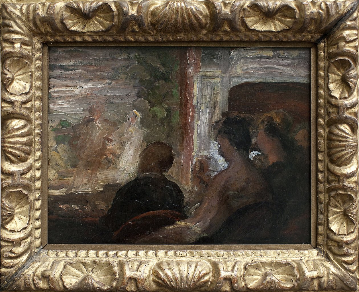 Teatterimaja. Honore Daumierin (1808-1879) maalaus, noin 1865. Art francais tekijältä Honoré Daumier