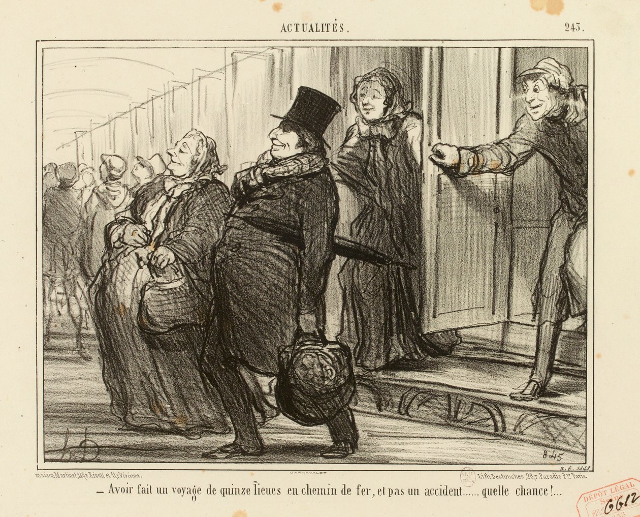 Ajankohtaista nro 245: - Matkustaa nyt viisitoista peninkulmaa rautateitse, eikä yhtäkään onnettomuutta... tekijältä Honoré Daumier