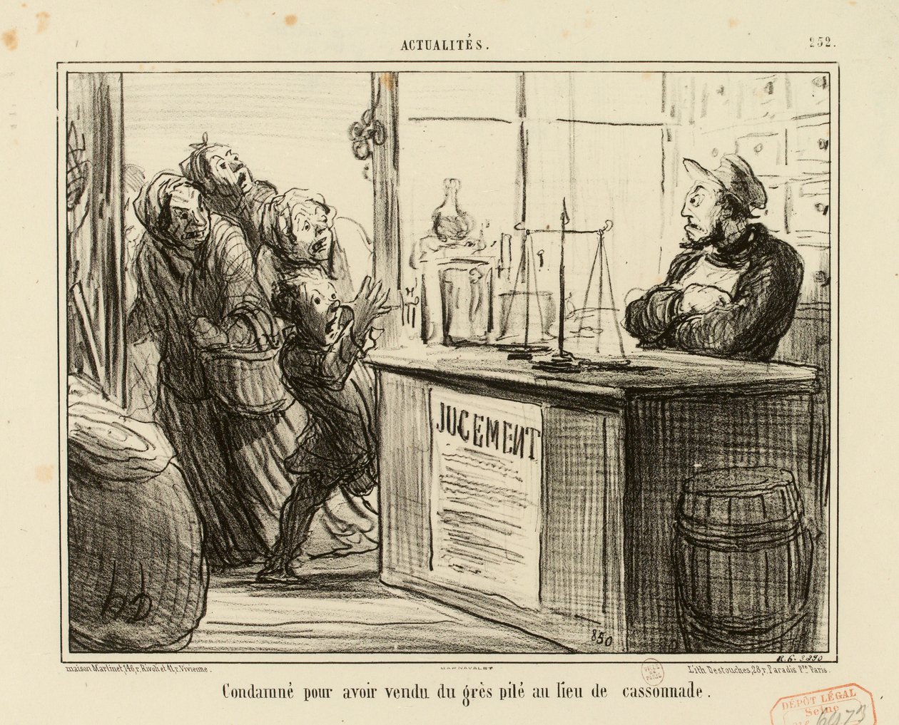 Actualités nro 252: Tuomittu, koska hän oli myynyt murskattua hiekkakiveä fariinisokerin sijasta. tekijältä Honoré Daumier