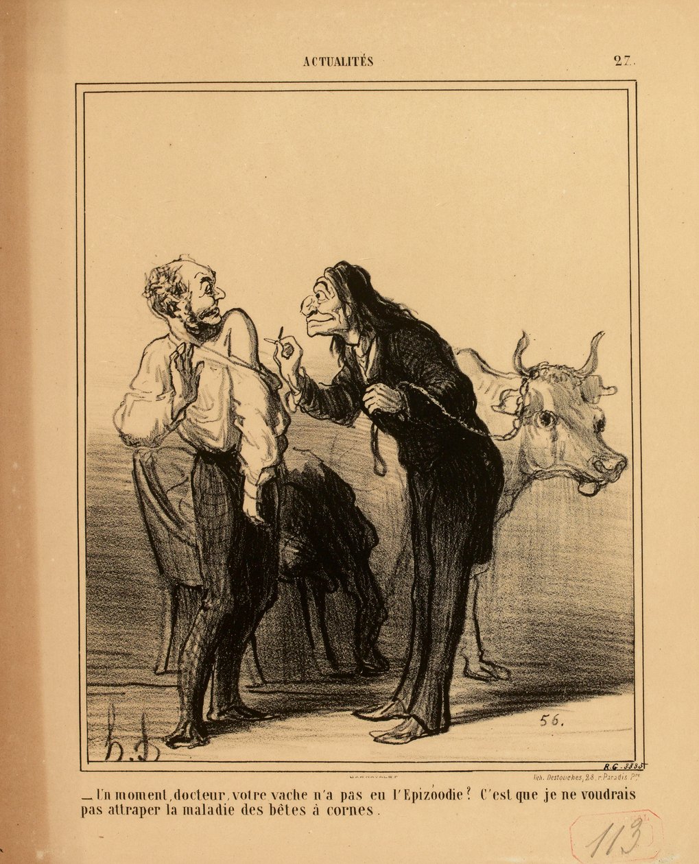 Ajankohtaista nro 27: - Hetkinen, tohtori, eihän lehmällänne ole ollut eläintautia? tekijältä Honoré Daumier