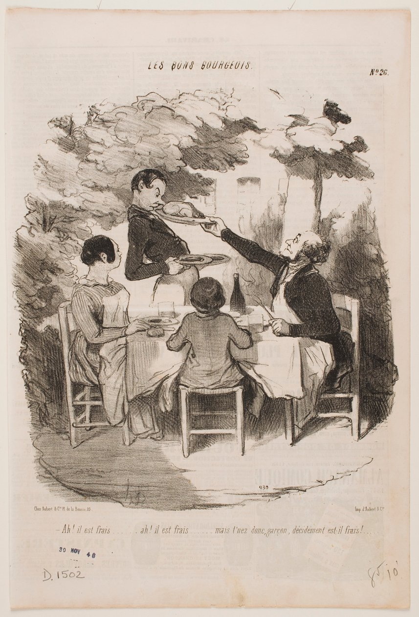 Ah, se on tuoretta, se on tuoretta! ... Haistakaa itse, tarjoilija, ja väitätte, että se on tuoretta? ... tekijältä Honoré Daumier