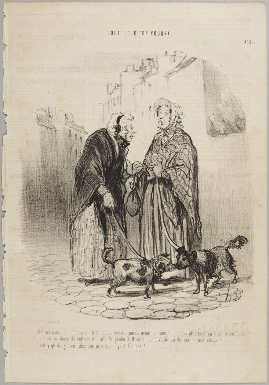 Voi, rakkaani, kun ihmisellä on koira, hänellä ei pitäisi koskaan olla aviomiestä!, numero 30 sarjasta Kaikki mitä halutaan julkaisusta Le Charivari tekijältä Honoré Daumier