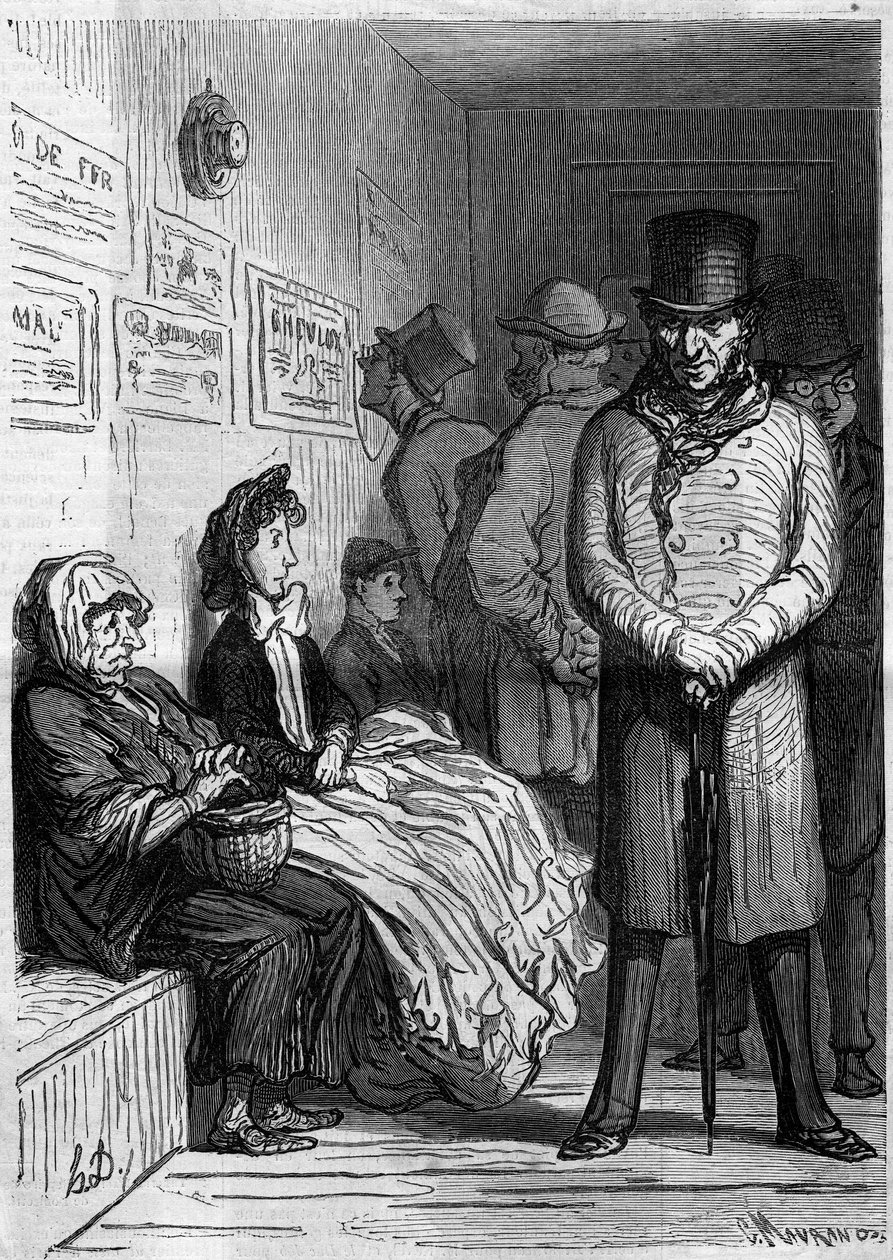 Omnibussin odotuspöytä. Sarjakuva Honore Daumier (1808-1879). Kaiverrus "" Le Monde Illustré" -julkaisussa nro 257, 15. maaliskuuta 1862. tekijältä Honoré Daumier