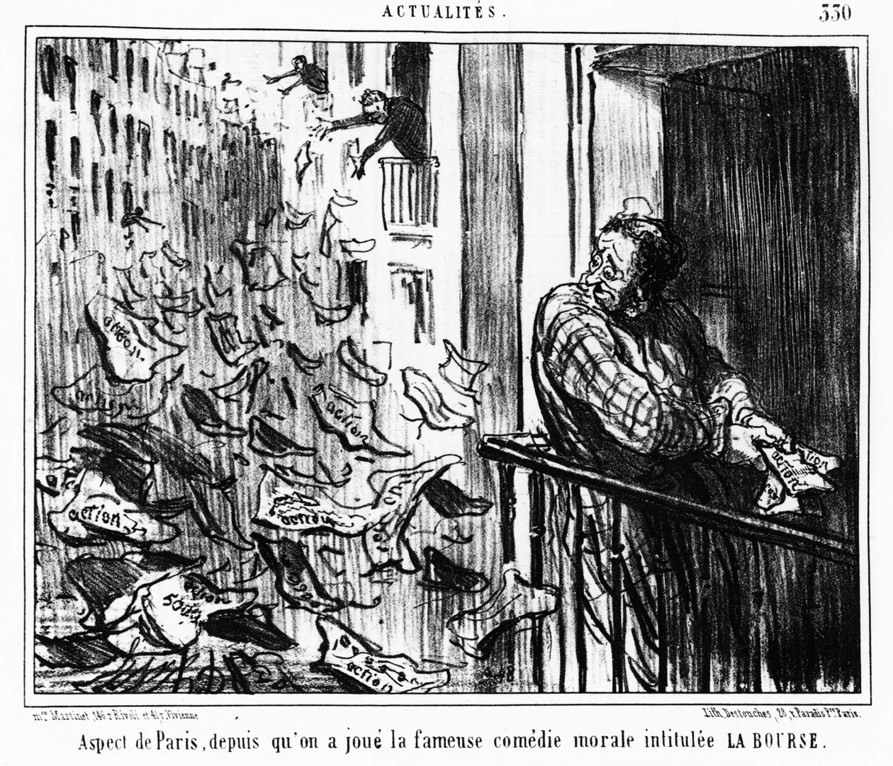 Pariisin esiintyminen kuuluisan moraalisen komedian LA Bourse jälkeen: sarja otettu sarjasta "" Actualites", sarja karikatyyrejä Honore Daumierin pörssissä (1808-1879). “Charivari” tekijältä Honoré Daumier