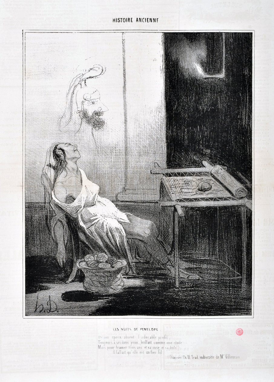 Honore Daumierin (1808-1879) Charivarin taideteos on vuodelta 1842: Serie HISTORIE ANCIE Les Nuits de Penelope "" Hänen suloisesta profiilistaan ​​Ikuisesti hänen suloisilla silmillään loisti kuin tähti Tarkoitus kutoa kolme vuotta ja hänen oveluutensa ja  tekijältä Honoré Daumier