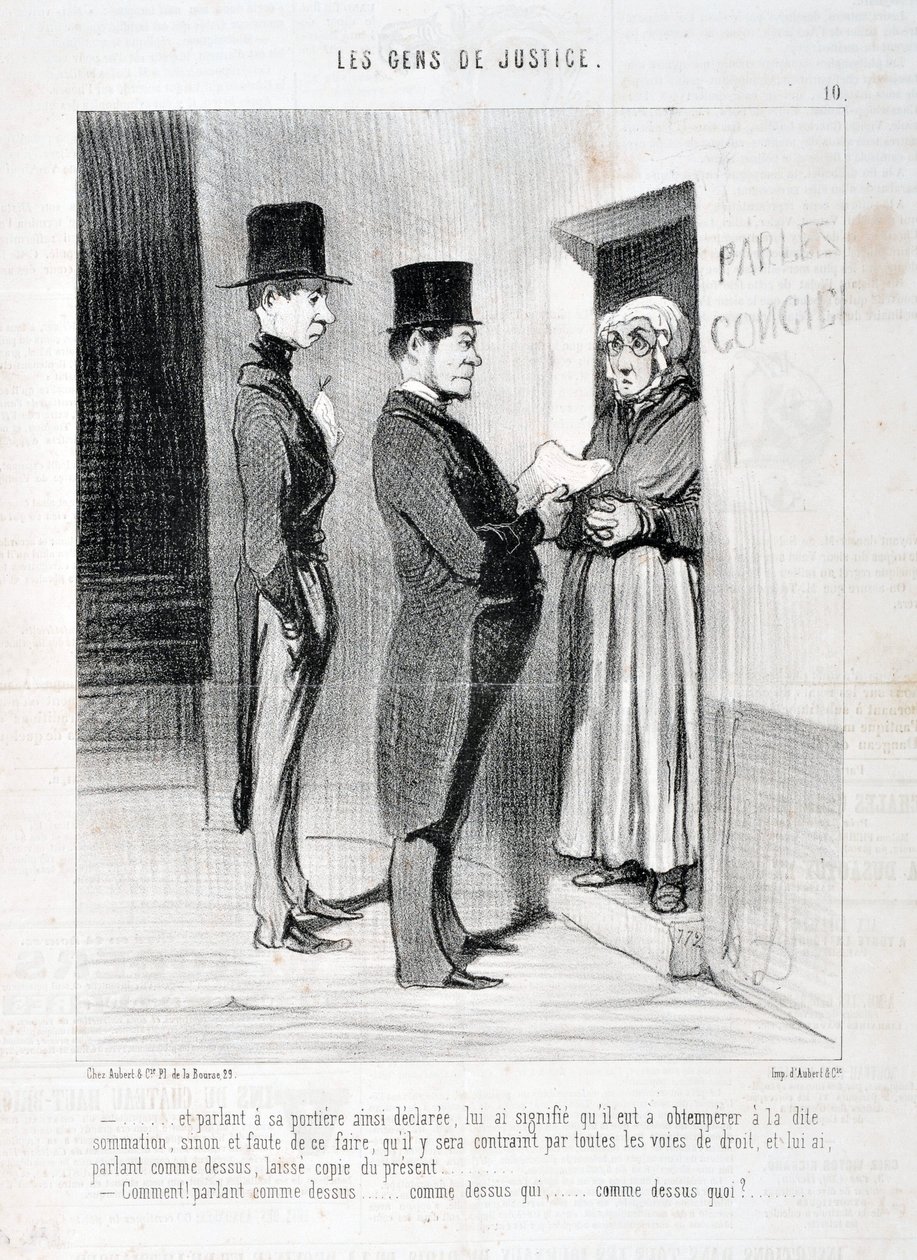 Honore Daumierin (1808-1879) taideteos. Charivari on vuodelta 1845: Serie LES PEANS DE JUSTICE "" -... ja puhuminen hänen ovella niin julisti, on merkinnyt hänelle, että hänen oli toteltava mainittua summaa, muuten ja jos hän ei tee niin, hänet pakotetaan tekijältä Honoré Daumier