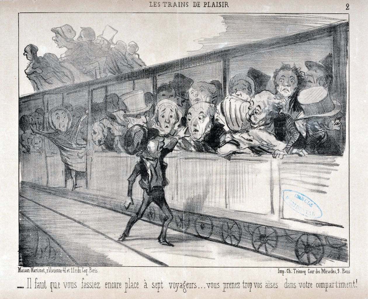 Honore Daumierin (1808-1879) taideteos. Charivari on vuodelta 1852: Serie LES TRAINS DE PLEASURE - Sinun täytyy tehdä tilaa seitsemälle matkustajalle... olet liian mukava hytissäsi! KUUTATAIDEMUSEO - PALACE LONGCHAMP, MARSEILLE tekijältä Honoré Daumier