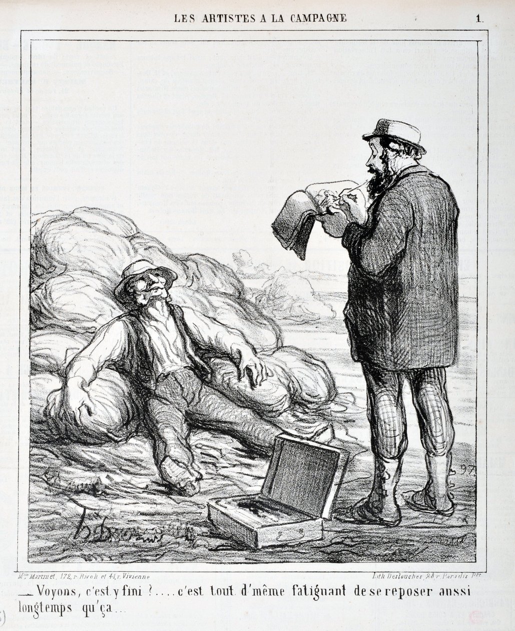 Honore Daumierin (1808-1879) taideteos. Charivari on vuodelta 1865: Serie LES ARTISTS KAMPANJASSA "" - Katsotaan, onko se ohi?... On edelleen väsyttävää levätä niin kauan kuin se...” KAUPUTAIDEMUSEO - PALACE LONGCHAMP, MARSEILLE tekijältä Honoré Daumier