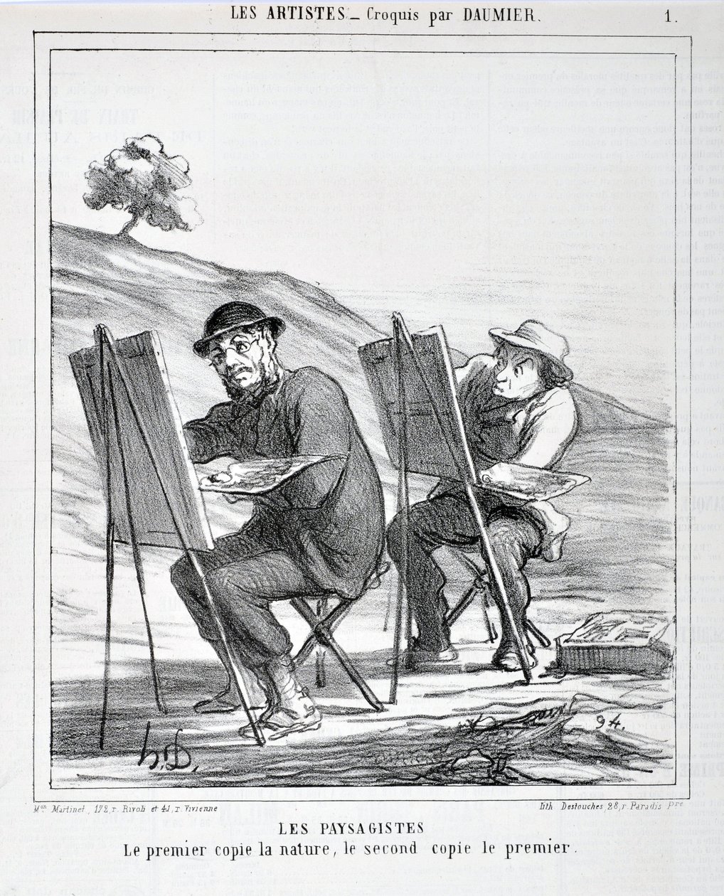 Honore Daumierin (1808-1879) taideteos. Charivari on vuodelta 1865: Serie LES ARTISTS Les paysagistes. "Ensimmäinen kopioi luontoa, toinen kopioi ensimmäistä"" MUSEE DES BEAUTS ARTS - PALAIS LONGCHAMP, MARSEILLE tekijältä Honoré Daumier