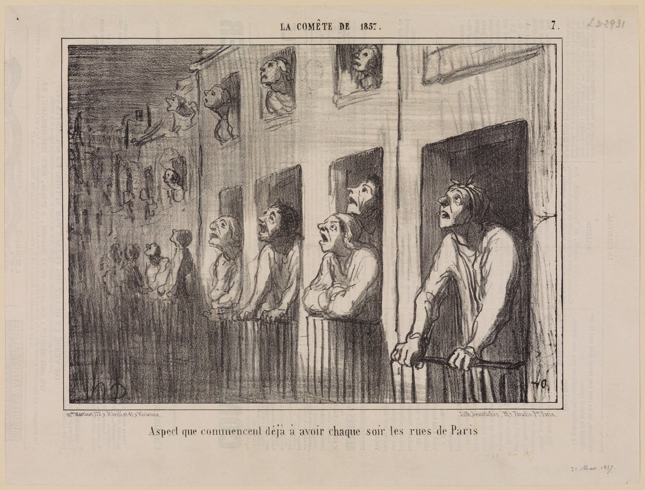 Ulkomuoto, jonka Pariisin kadut alkavat jo saada joka ilta (Vuoden 1857 komeetta, lehti 7) tekijältä Honoré Daumier