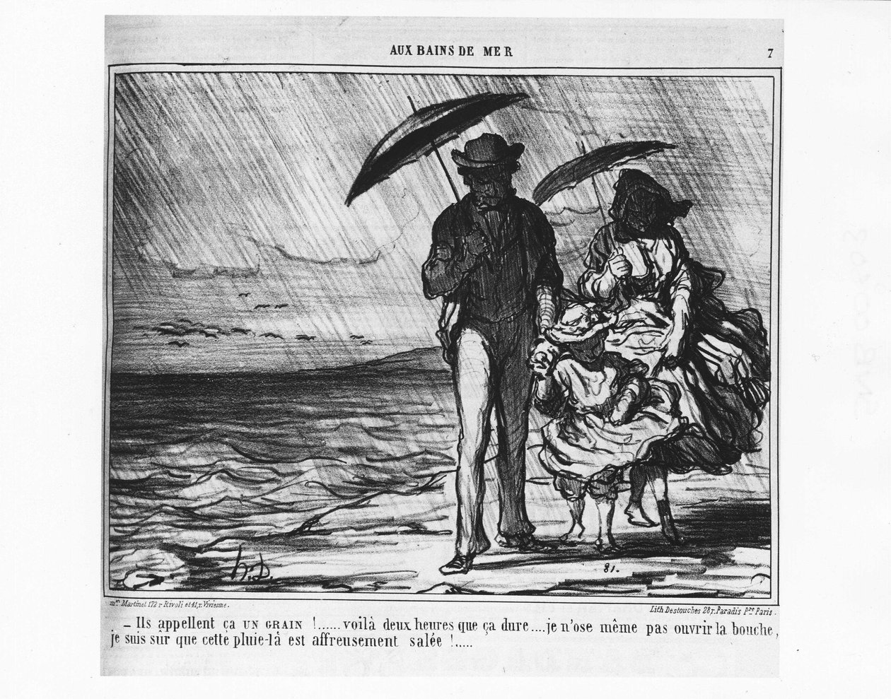 Merikylpylässä: pariisilaiset meren rannalla kaatosateessa - kirjoittanut Daumier, "" Charivarissa" 19.9.1859. tekijältä Honoré Daumier