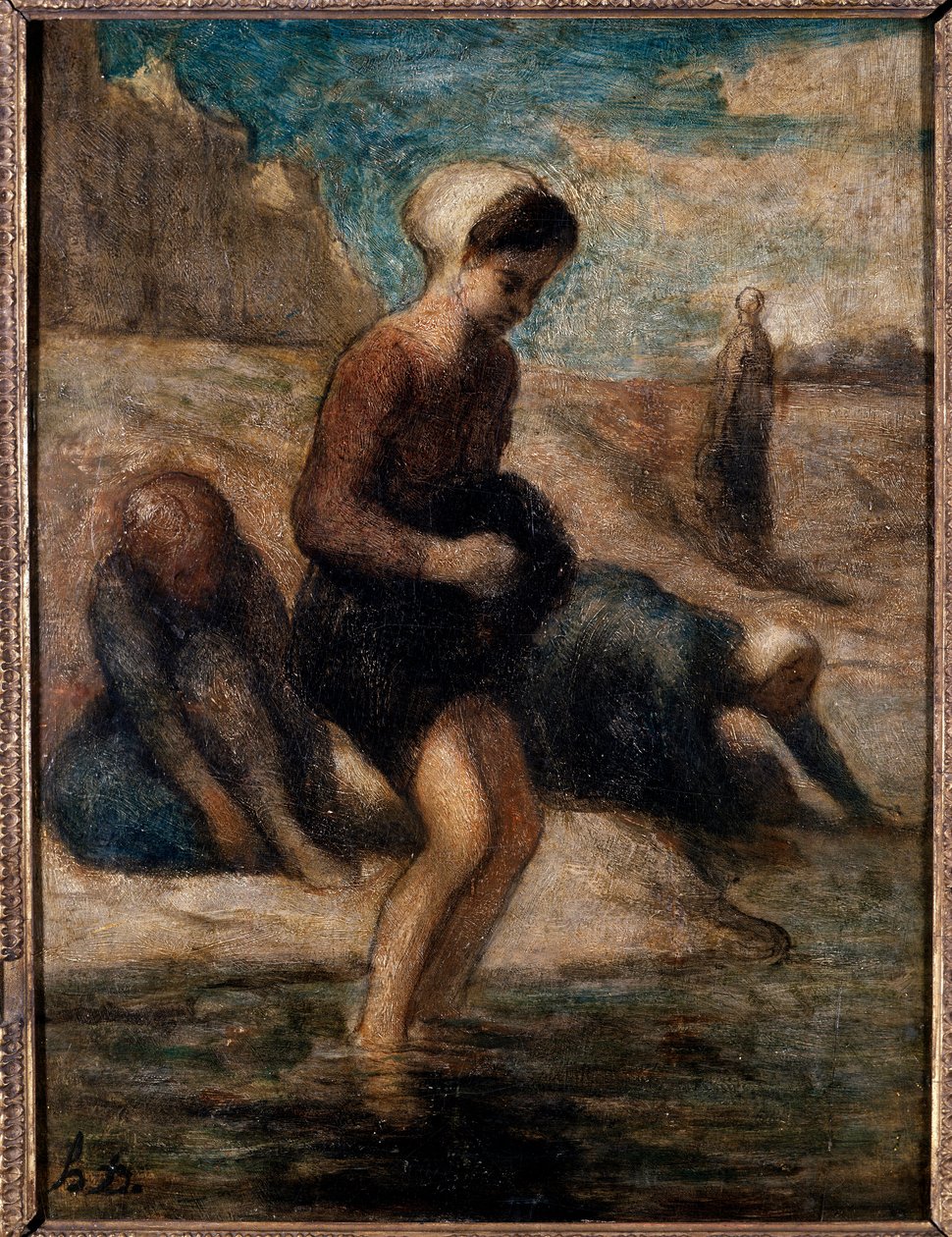 Veden äärellä Nuori nainen tunkeutumassa pelokkaasti veteen. Honore Daumierin (1808-1879) maalaus 1800-luvun su. 0,33x0,24 m Troyes, modernin taiteen museo tekijältä Honoré Daumier