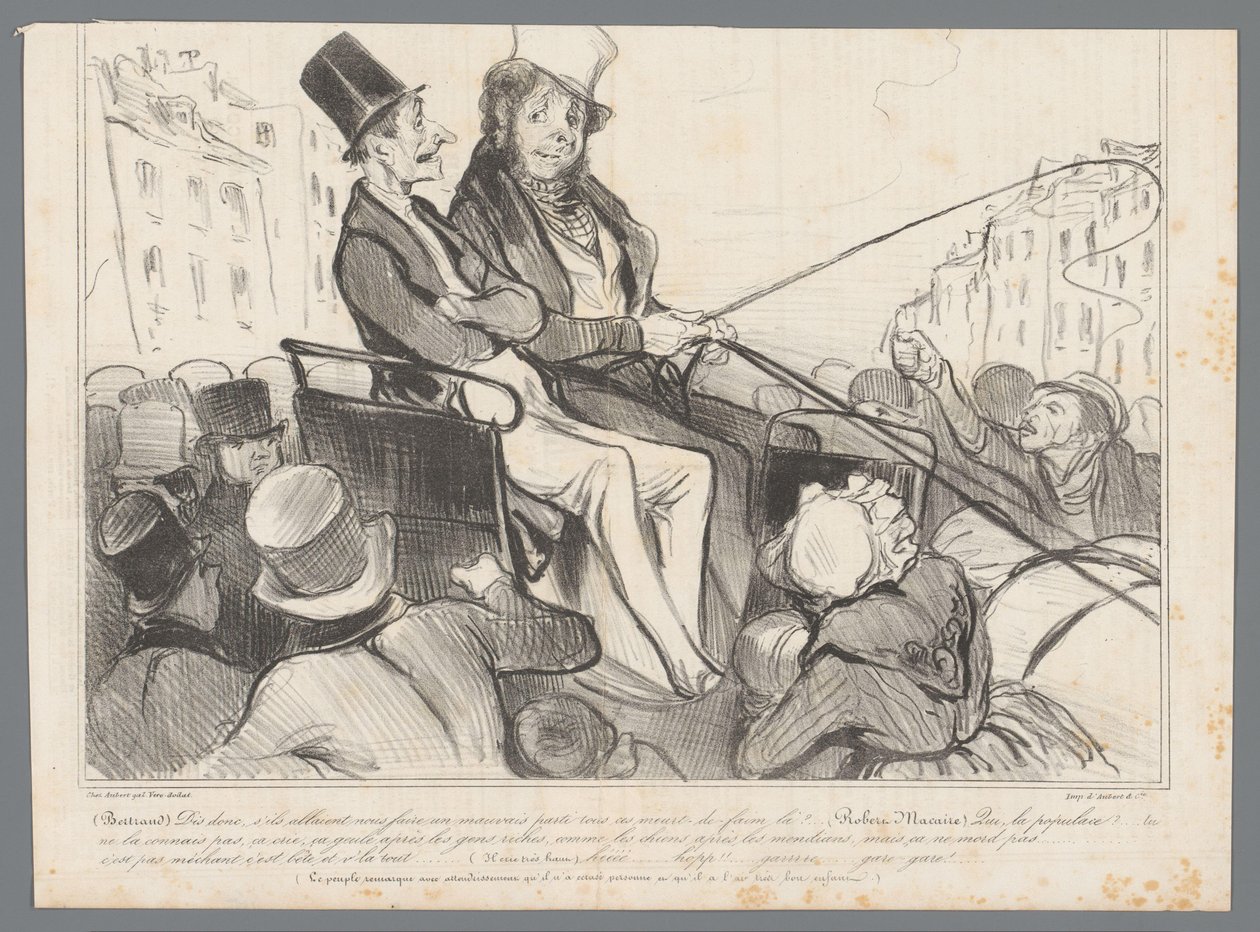 Bertrand ja Robert-Macaire ihmisten ympäröimissä vaunuissa tekijältä Honoré Daumier
