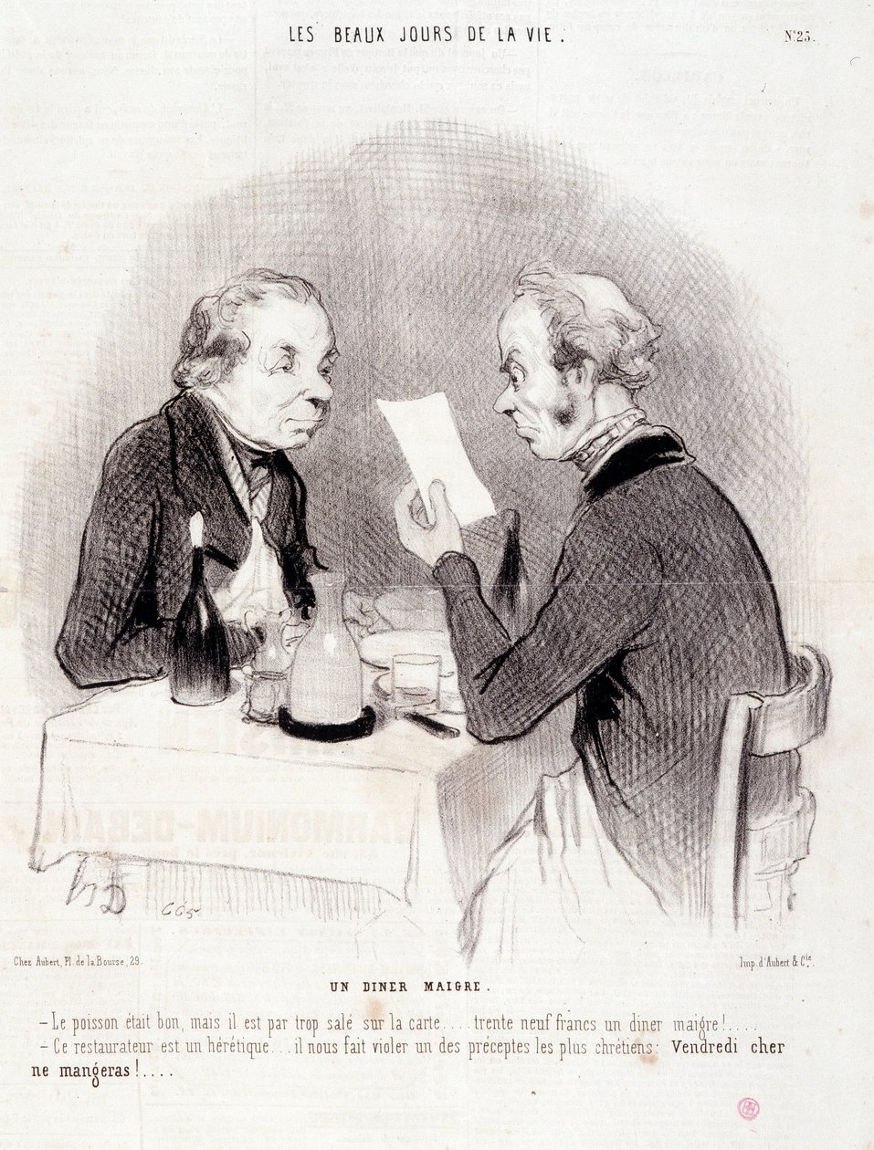 Sarjakuva rakkaasta elämästä. Sarja "" Elämän kauniit päivät"": Laiha illallinen..." Kaiverrus Honore DAUMIER (1808-1879). Ote sanomalehdestä "" Le Charivari"" 18. lokakuuta tekijältä Honoré Daumier